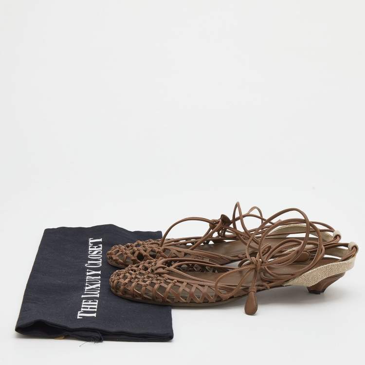 Pre Owned Bottega Veneta Taupe Woven Leather Gladiator Sandals Size 39