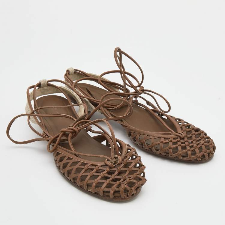 Pre Owned Bottega Veneta Taupe Woven Leather Gladiator Sandals Size 39