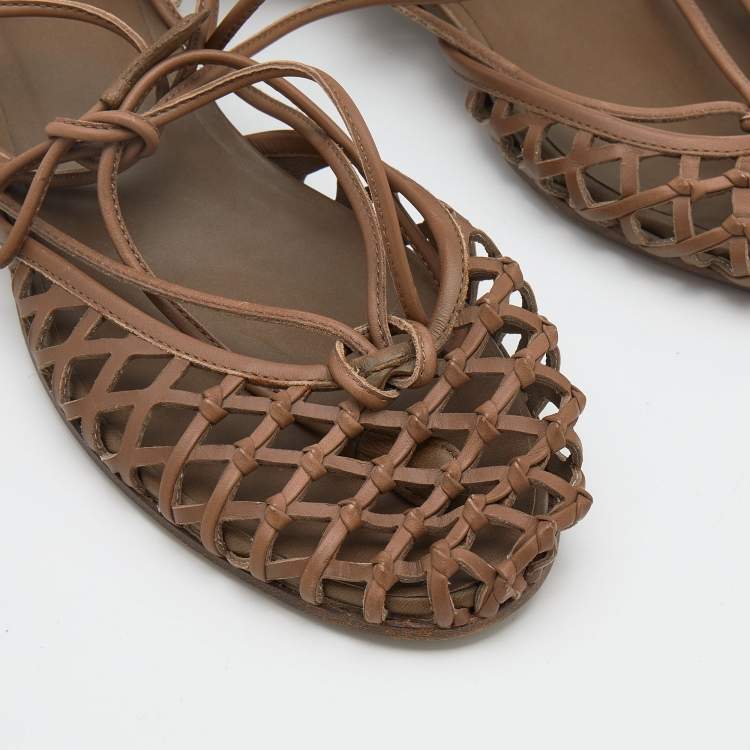 Pre Owned Bottega Veneta Taupe Woven Leather Gladiator Sandals Size 39