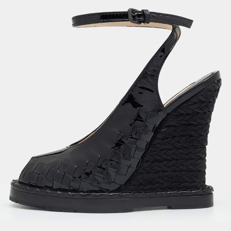 Bottega Veneta Black Intrecciato Patent Leather Wedge Sandals Size