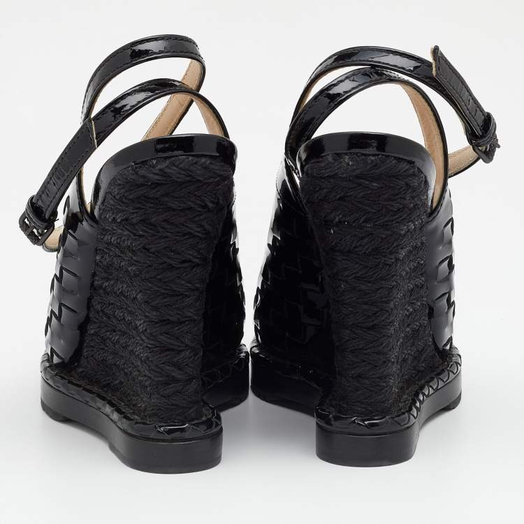 Pre Owned Bottega Veneta Black Intrecciato Patent Leather Wedge Sandals Size 38