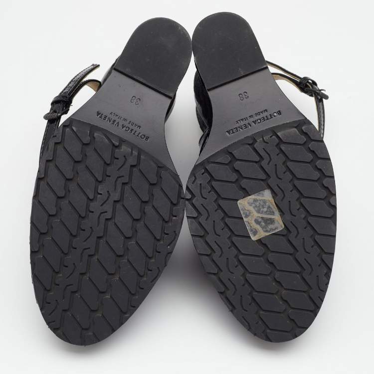 Pre Owned Bottega Veneta Black Intrecciato Patent Leather Wedge Sandals Size 38