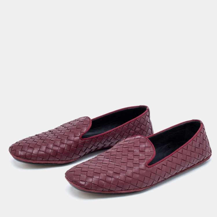Pre Owned Bottega Veneta Burgundy Intrecciato Leather Smoking Slippers Size 37.5