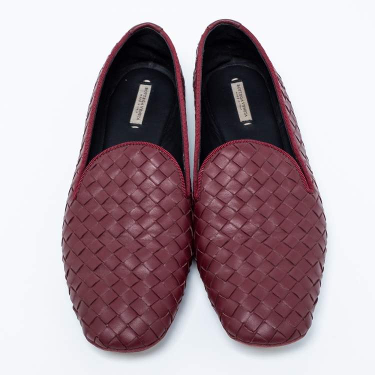 Pre Owned Bottega Veneta Burgundy Intrecciato Leather Smoking Slippers Size 37.5