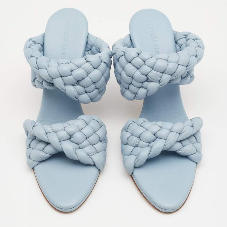 Pre Owned Bottega Veneta Light Blue Leather BV Curve Mules Size 39