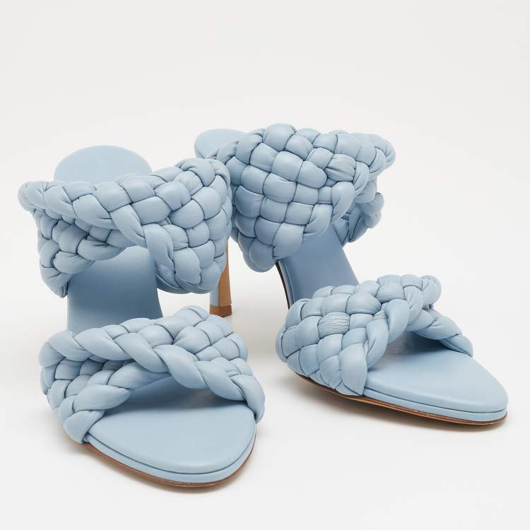 Pre Owned Bottega Veneta Light Blue Leather BV Curve Mules Size 39