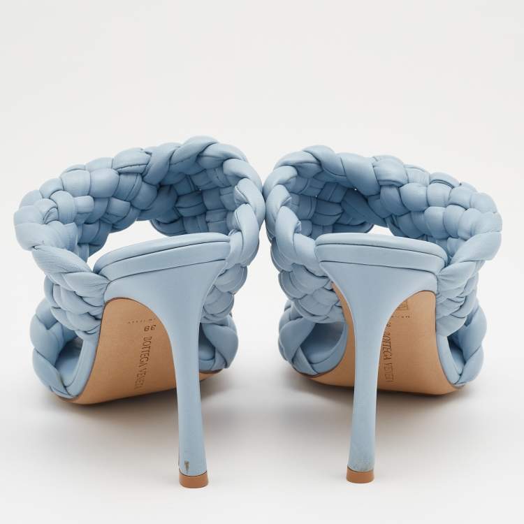 Pre Owned Bottega Veneta Light Blue Leather BV Curve Mules Size 39