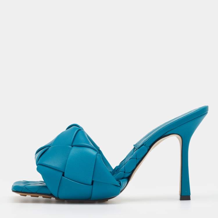 Pre Owned Bottega Veneta Blue Intrecciato Leather Lido Slide Sandals Size 39