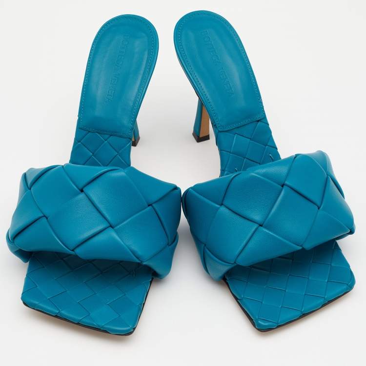 Pre Owned Bottega Veneta Blue Intrecciato Leather Lido Slide Sandals Size 39