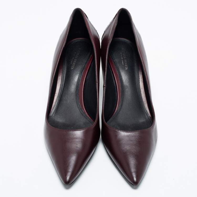 Pre Owned Bottega Veneta Burgundy Leather Intrecciato Detail Pointed Toe Pumps Size 38