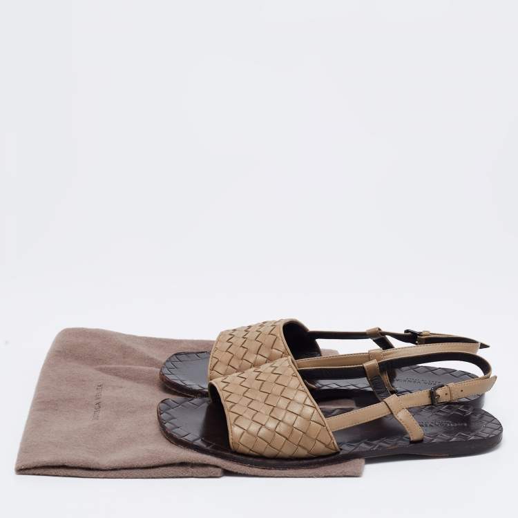 Pre Owned Bottega Veneta Brown Intreciatto Leather Calvados Slingback Flats Size 37