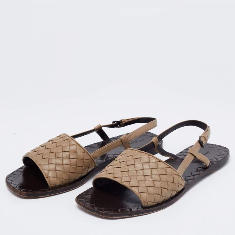 Pre Owned Bottega Veneta Brown Intreciatto Leather Calvados Slingback Flats Size 37