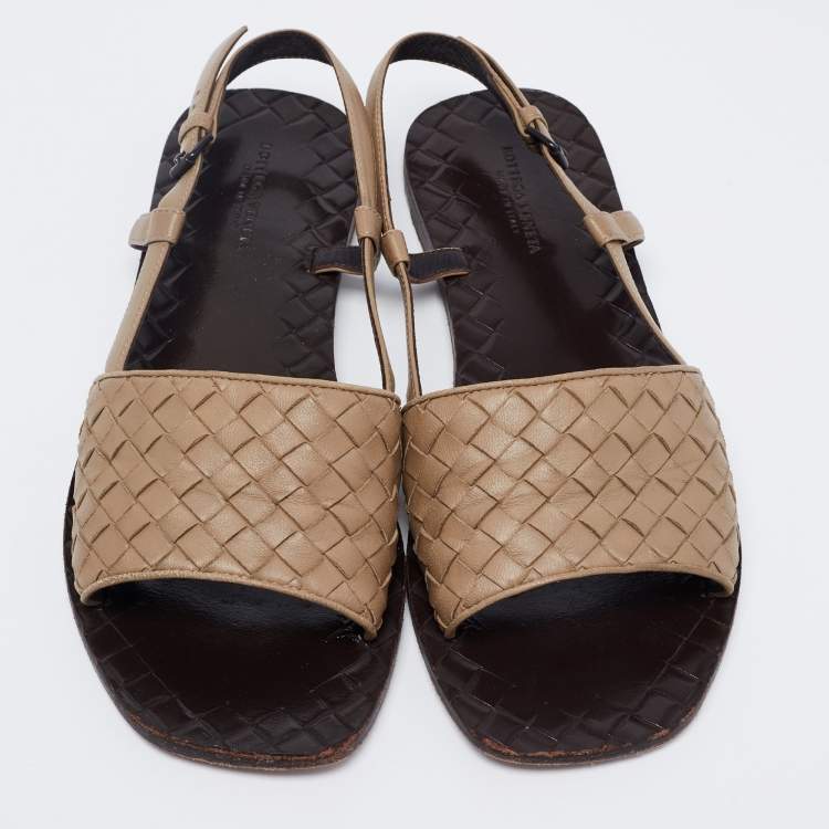 Pre Owned Bottega Veneta Brown Intreciatto Leather Calvados Slingback Flats Size 37