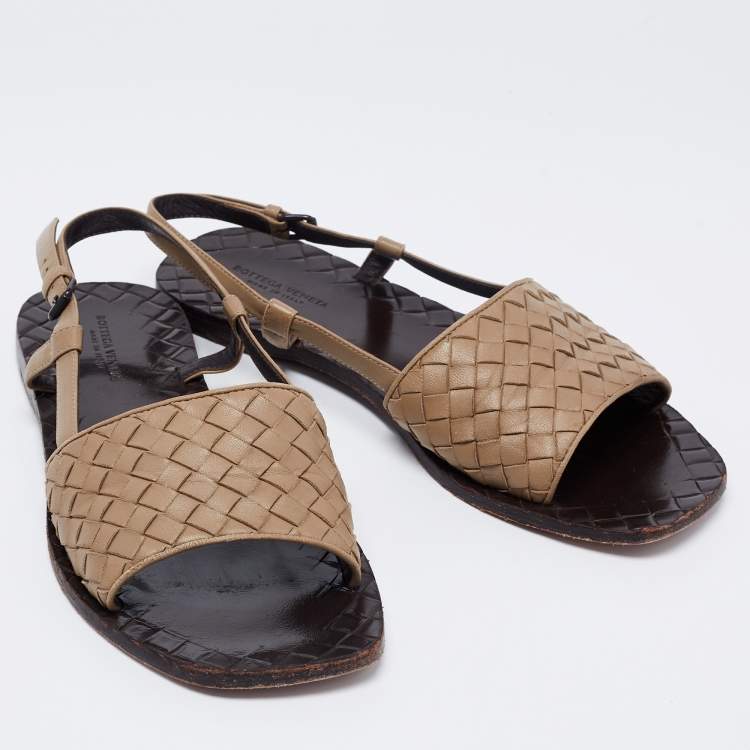 Pre Owned Bottega Veneta Brown Intreciatto Leather Calvados Slingback Flats Size 37