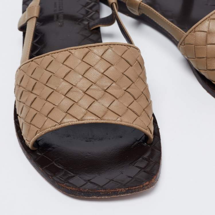 Pre Owned Bottega Veneta Brown Intreciatto Leather Calvados Slingback Flats Size 37