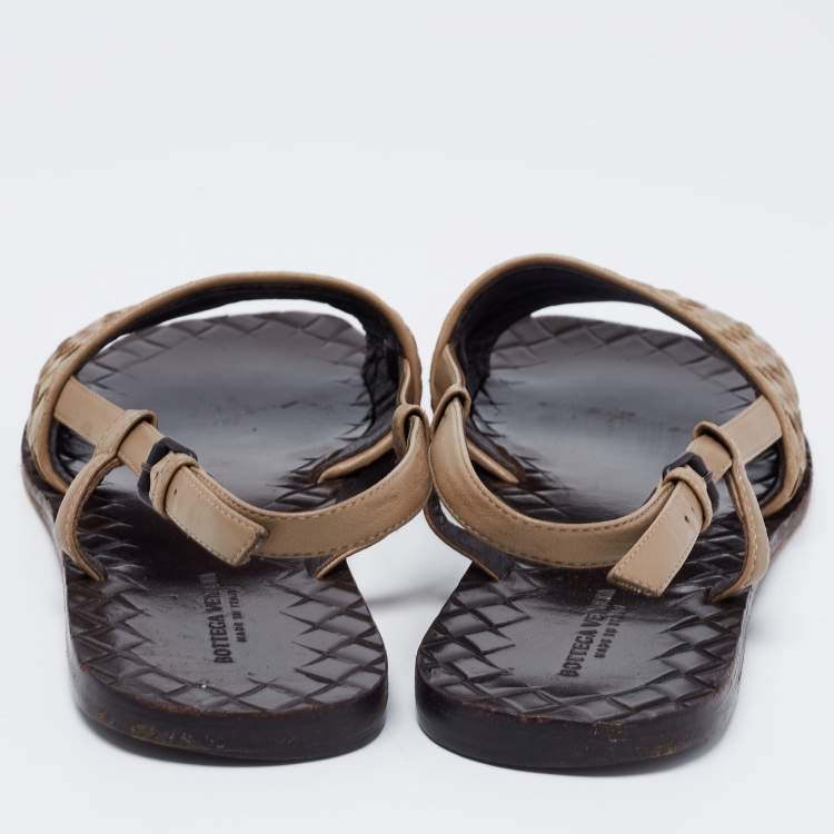 Pre Owned Bottega Veneta Brown Intreciatto Leather Calvados Slingback Flats Size 37