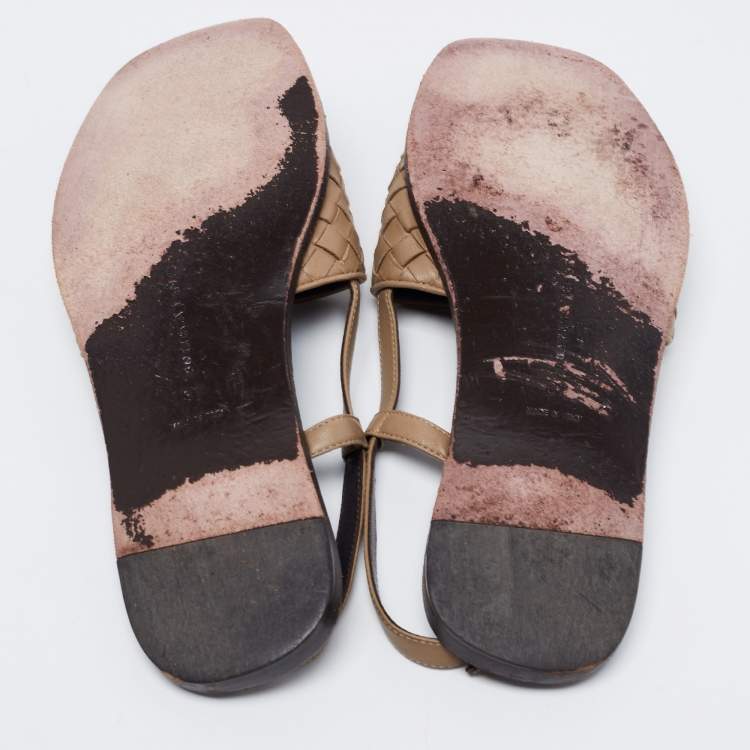 Pre Owned Bottega Veneta Brown Intreciatto Leather Calvados Slingback Flats Size 37