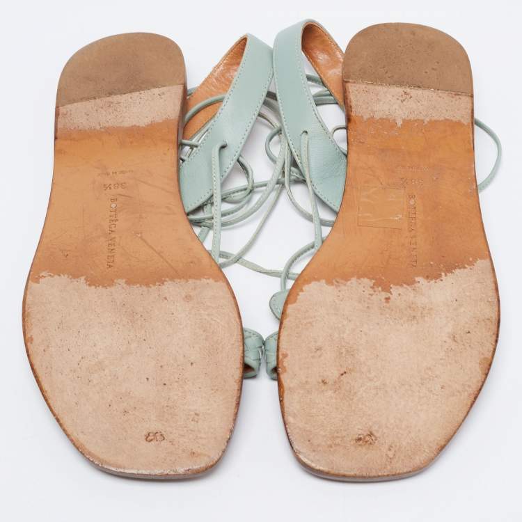Pre Owned Bottega Veneta Pastel Green Intrecciato Leather Ankle Tie Flat Sandals Size 38.5