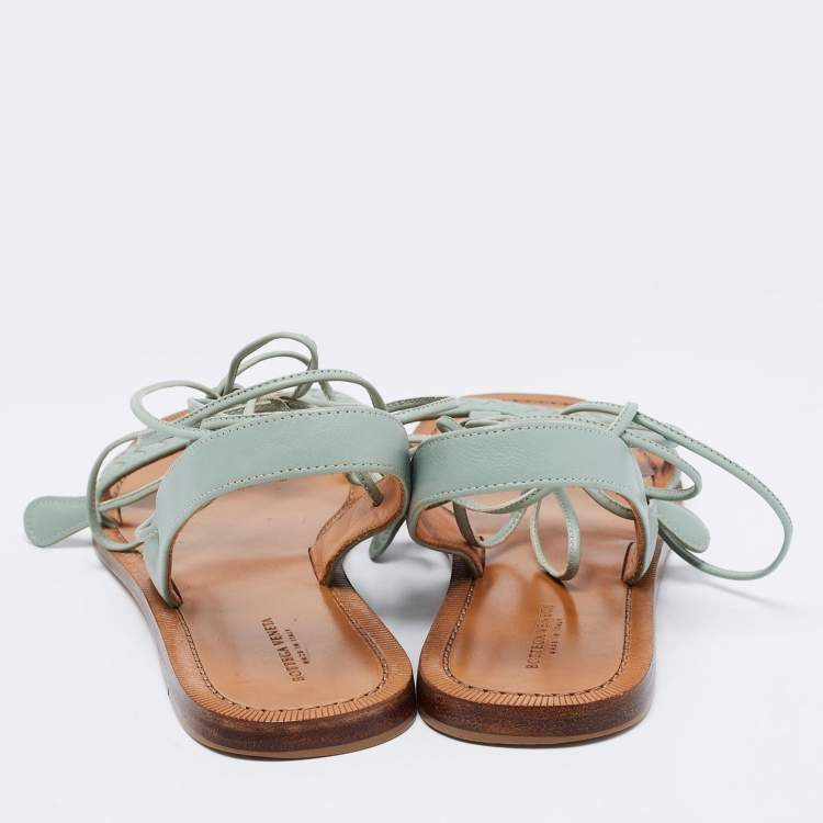 Pre Owned Bottega Veneta Pastel Green Intrecciato Leather Ankle Tie Flat Sandals Size 38.5
