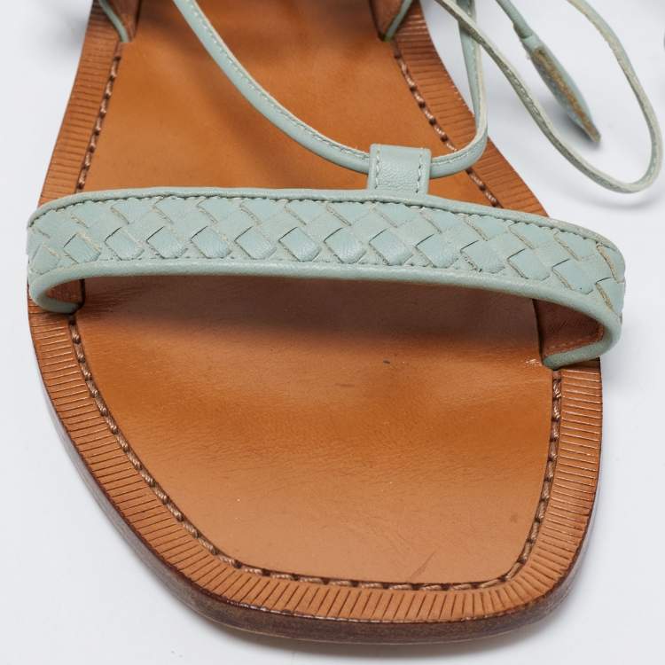 Pre Owned Bottega Veneta Pastel Green Intrecciato Leather Ankle Tie Flat Sandals Size 38.5