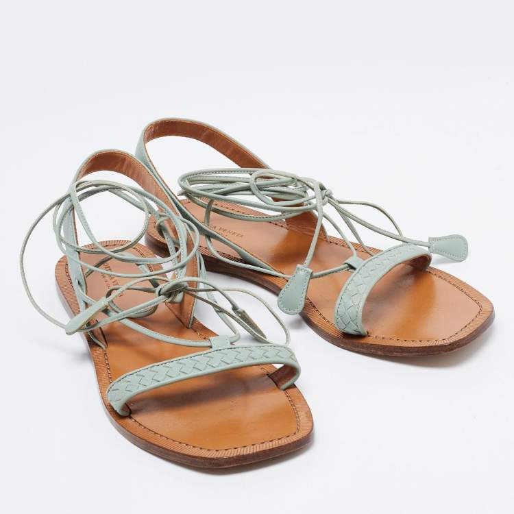 Pre Owned Bottega Veneta Pastel Green Intrecciato Leather Ankle Tie Flat Sandals Size 38.5