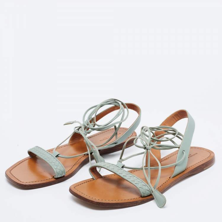 Pre Owned Bottega Veneta Pastel Green Intrecciato Leather Ankle Tie Flat Sandals Size 38.5