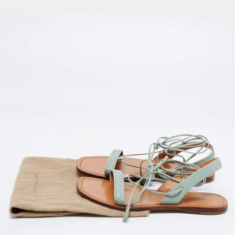 Pre Owned Bottega Veneta Pastel Green Intrecciato Leather Ankle Tie Flat Sandals Size 38.5