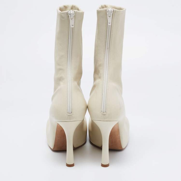 Pre Owned Bottega Veneta Cream Leather Square Toe Mid-Calf Boots Size 38.5