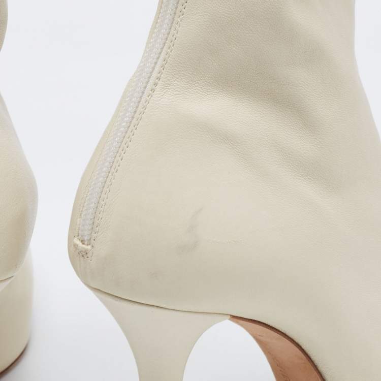 Pre Owned Bottega Veneta Cream Leather Square Toe Mid-Calf Boots Size 38.5