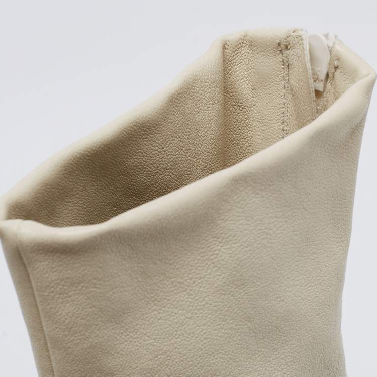 Pre Owned Bottega Veneta Cream Leather Square Toe Mid-Calf Boots Size 38.5