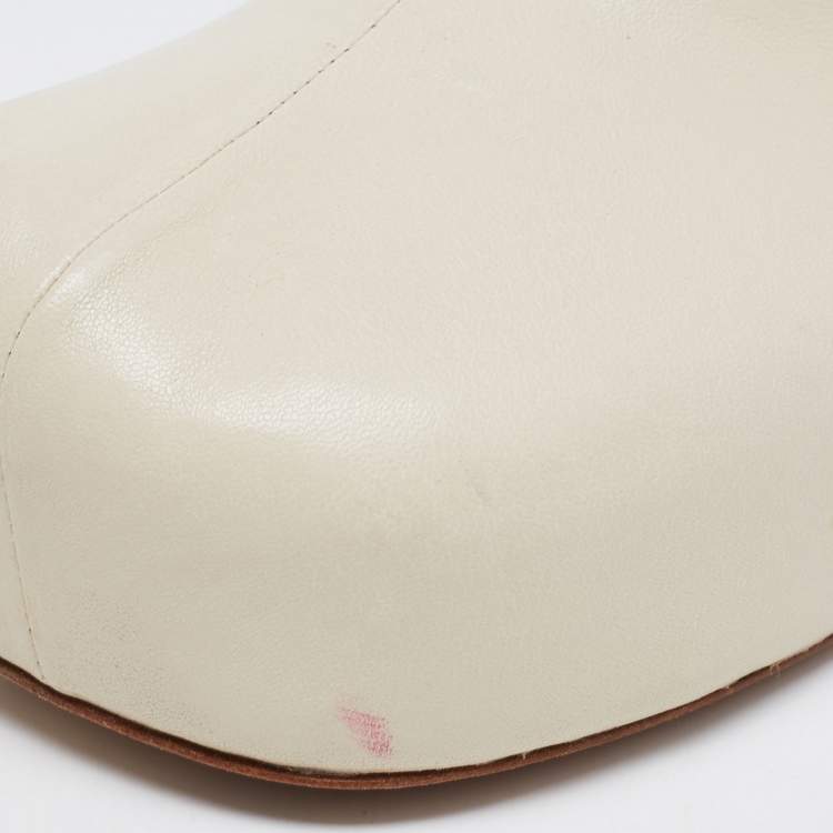 Pre Owned Bottega Veneta Cream Leather Square Toe Mid-Calf Boots Size 38.5