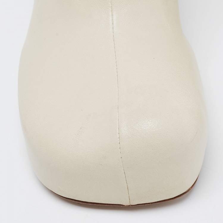 Pre Owned Bottega Veneta Cream Leather Square Toe Mid-Calf Boots Size 38.5