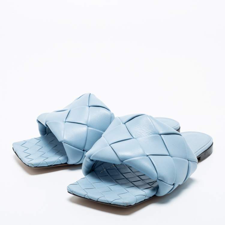 Pre Owned Bottega Veneta Blue Intrecciato Leather Lido Flat Slide Sandals Size 40.5