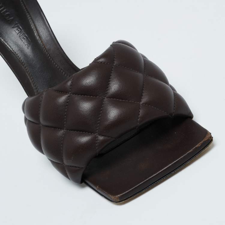 Pre Owned Bottega Veneta Brown Quilted Leather Padded Slide Sandals Size 37.5