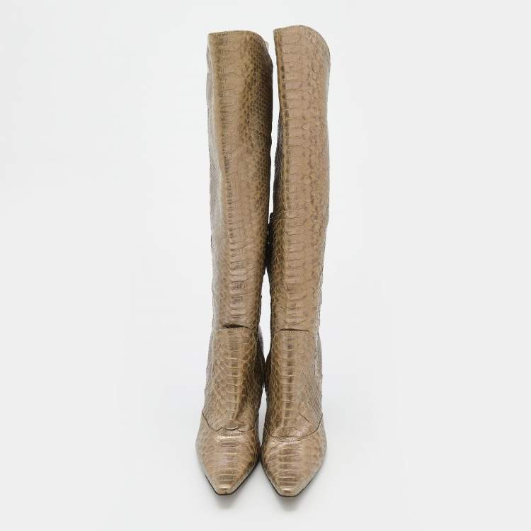 Pre Owned Bottega Veneta Metallic Python Knee Length Boots Size 38