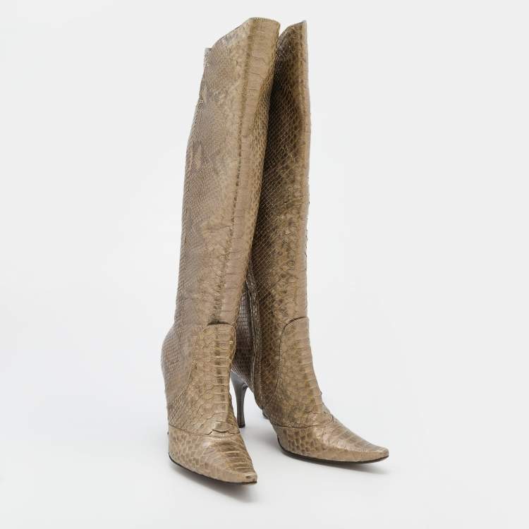 Pre Owned Bottega Veneta Metallic Python Knee Length Boots Size 38