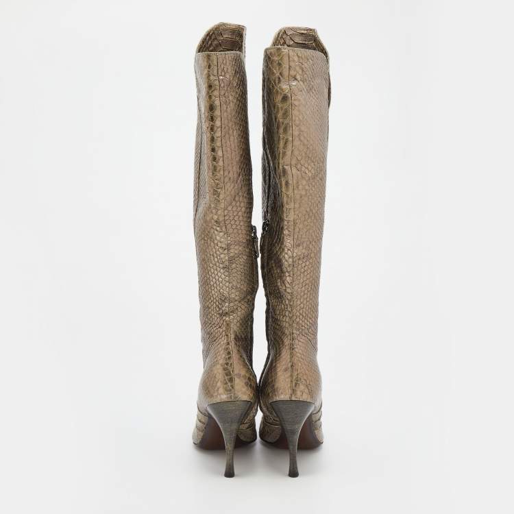 Pre Owned Bottega Veneta Metallic Python Knee Length Boots Size 38