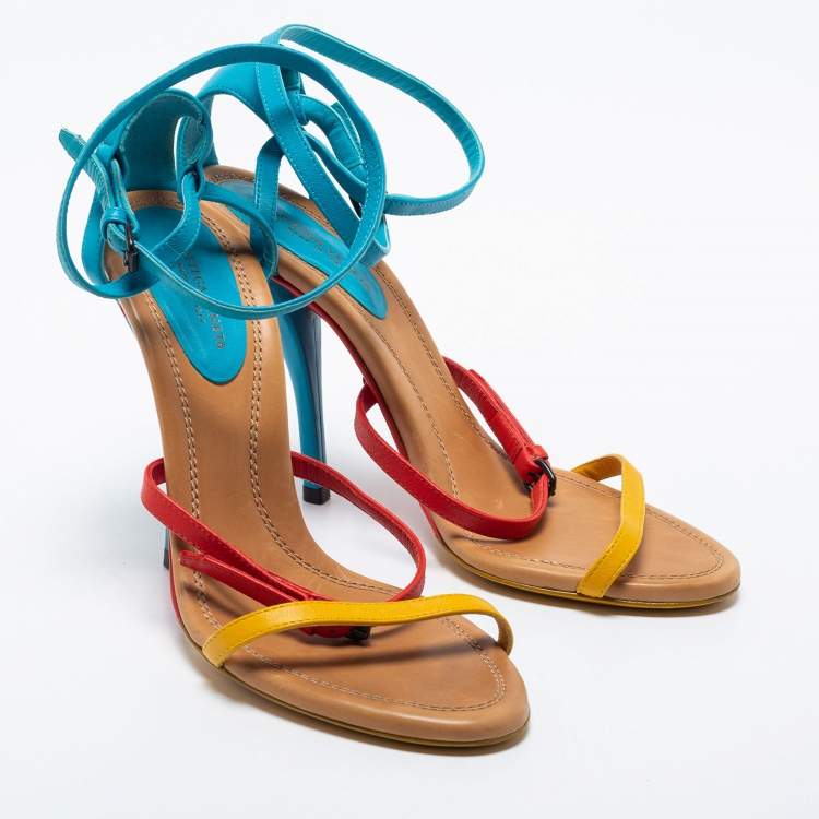 Pre Owned Bottega Veneta Multicolor Leather Strappy Ankle Strap Sandals Size 37