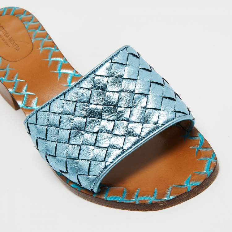 Pre Owned Bottega Veneta Metallic Blue Leather Block Heel Slide Sandals Size 38