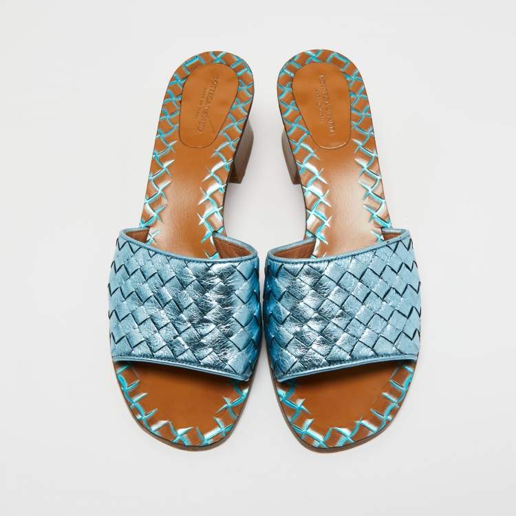 Pre Owned Bottega Veneta Metallic Blue Leather Block Heel Slide Sandals Size 38