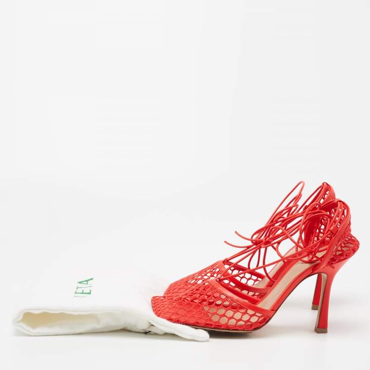 Pre Owned Bottega Veneta Red Mesh and Leather Square Toe Ankle Wrap Pumps Size 38.5