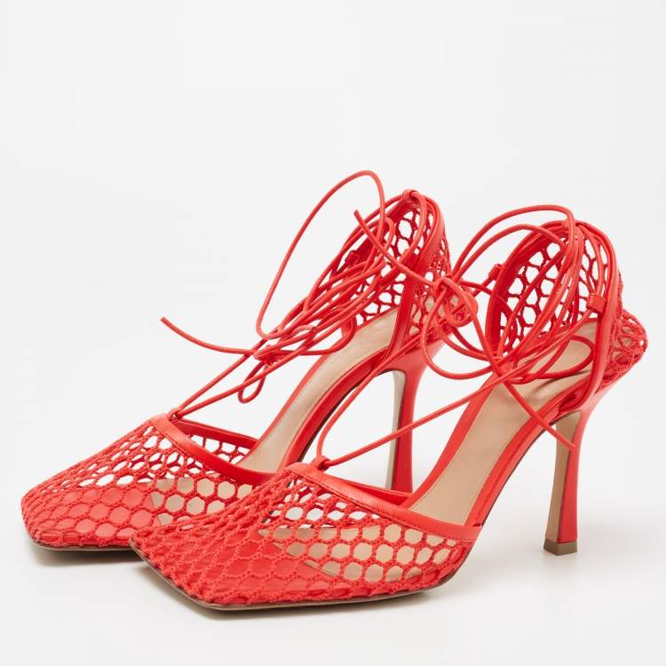 Pre Owned Bottega Veneta Red Mesh and Leather Square Toe Ankle Wrap Pumps Size 38.5