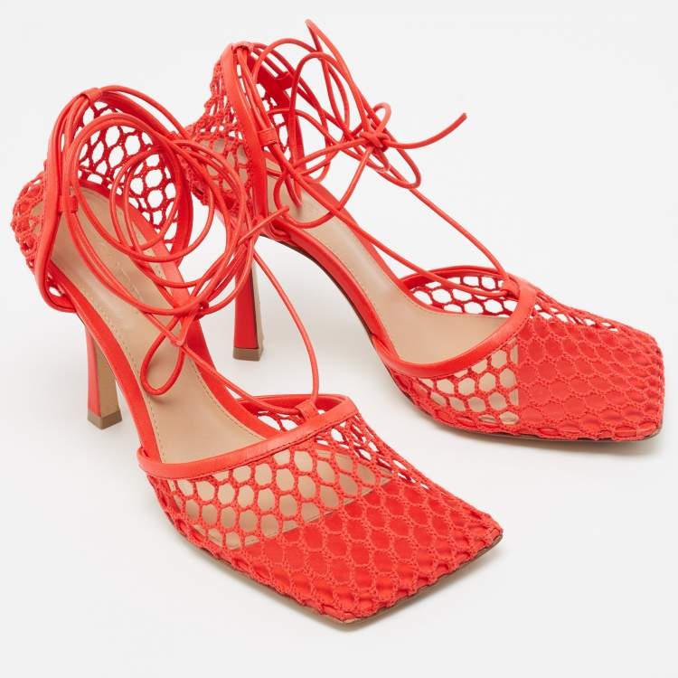 Pre Owned Bottega Veneta Red Mesh and Leather Square Toe Ankle Wrap Pumps Size 38.5