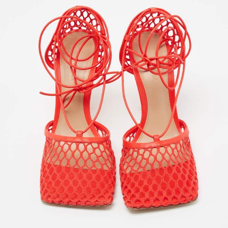 Pre Owned Bottega Veneta Red Mesh and Leather Square Toe Ankle Wrap Pumps Size 38.5