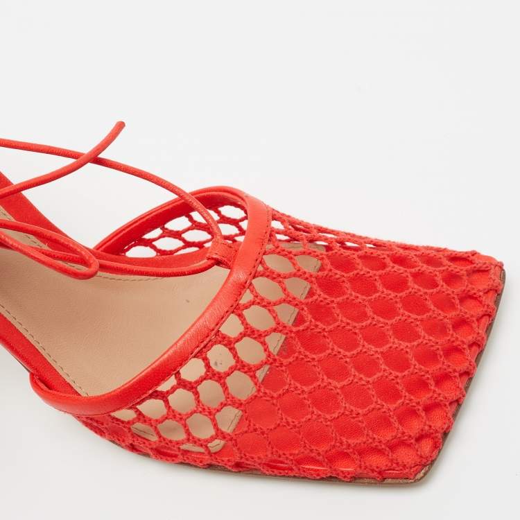 Pre Owned Bottega Veneta Red Mesh and Leather Square Toe Ankle Wrap Pumps Size 38.5