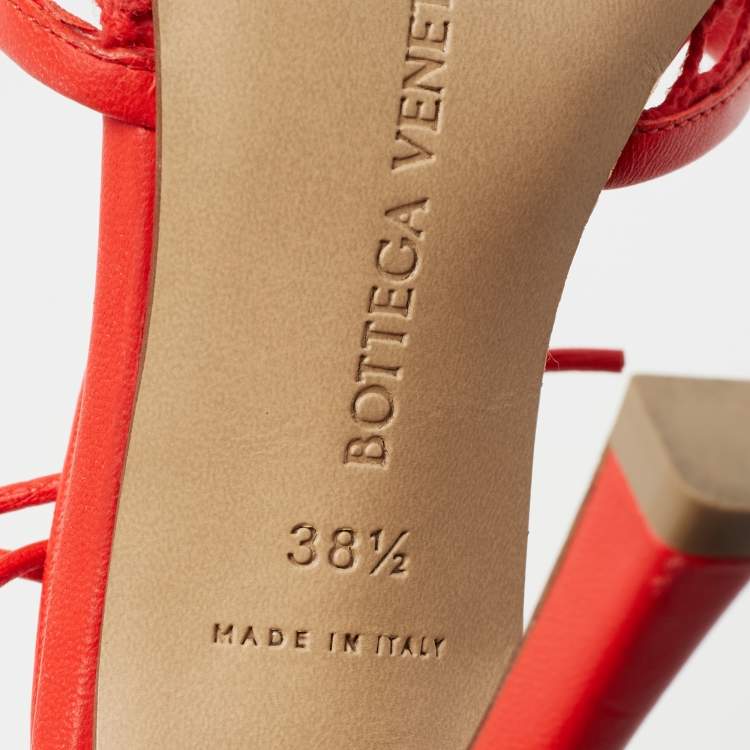 Pre Owned Bottega Veneta Red Mesh and Leather Square Toe Ankle Wrap Pumps Size 38.5