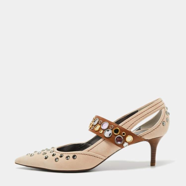 Pre Owned Bottega Veneta Beige/Brown Suede and Leather Studded Pumps Size 38.5