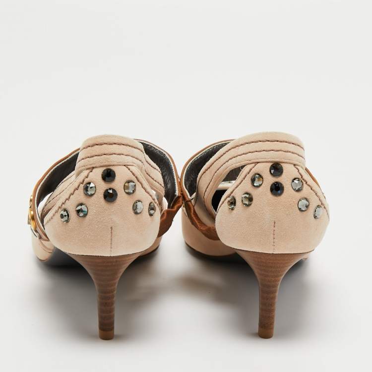Pre Owned Bottega Veneta Beige/Brown Suede and Leather Studded Pumps Size 38.5