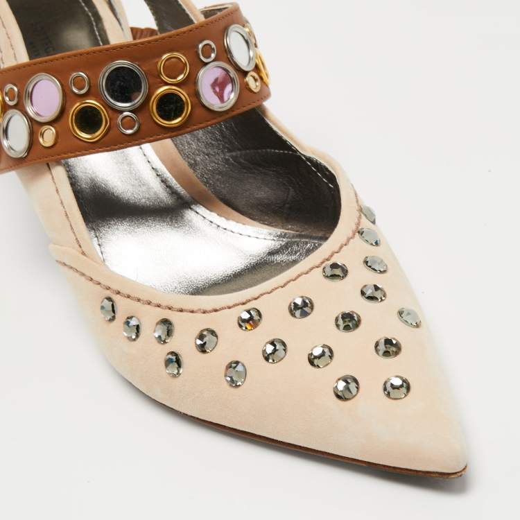 Pre Owned Bottega Veneta Beige/Brown Suede and Leather Studded Pumps Size 38.5