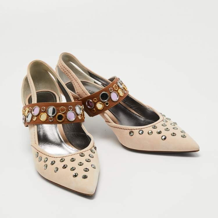 Pre Owned Bottega Veneta Beige/Brown Suede and Leather Studded Pumps Size 38.5